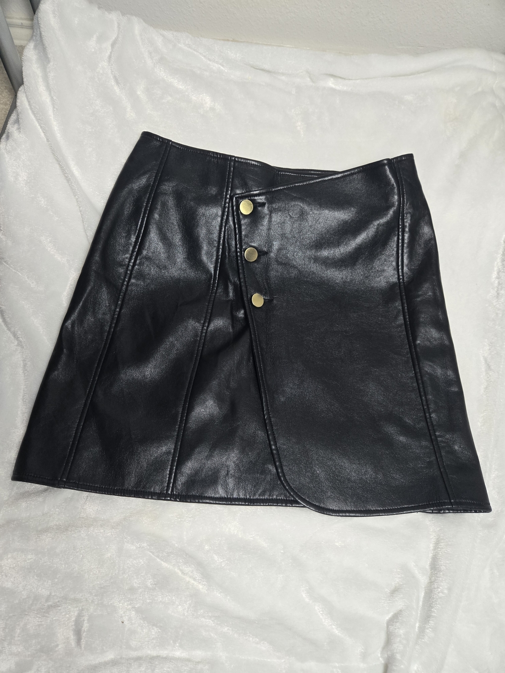 Black Faux Leather Midi Skirt with Gold Button Detail